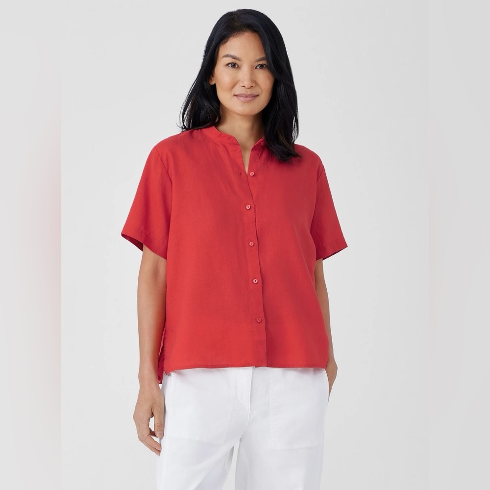 Eileen Fisher Organic Handkerchief Linen Band Collar Shirt Red Women’s L - Picture 2 of 7